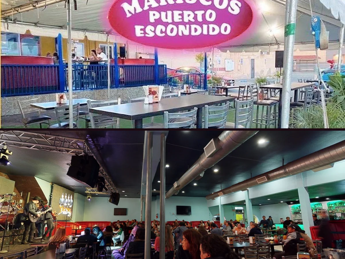 Live music stage beside restaurant seating.